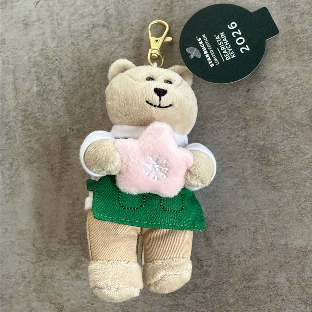 Starbucks Bearista Plush Keychain - Green Apron with Pink Star